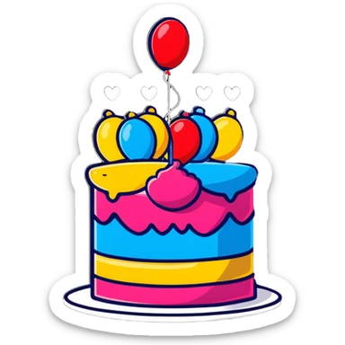 festive party celebration with balloons, confetti and cake sticker