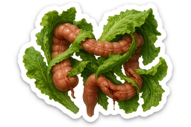 foglie di insalata che attaccano un intestino anatomico umano per distruggerlo, iperrealistico sticker