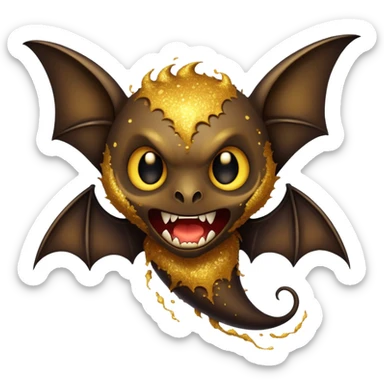 A bat spooky creature covered with swirling golden particles and with a dark aura, sharp teeth, menacing. sticker