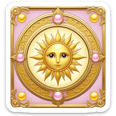 magical tarot-like card inspired by the Clow Cards from Cardcaptor Sakura. The card has ornate golden borders, a sun or moon symbol at the top, and a mysterious illustration in the center. The background is a soft, enchanted pastel tone. sticker