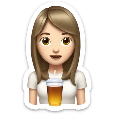 white girl, brown hair curtain bangs, drink in her hand  sticker
