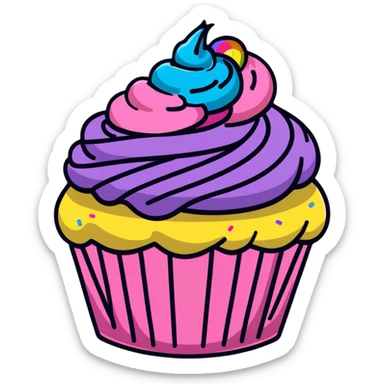 cupcake with swirled pink icing and rainbow sprinkles sticker
