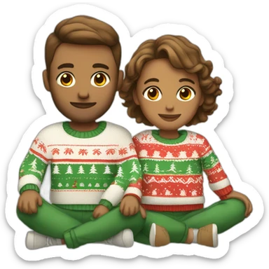gay couple sitting in christmas sweathers and sweatpants with brown faded haircut sticker