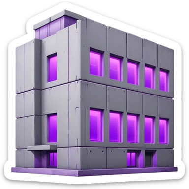 Rectangular gray concrete building with purple UV light shining from a single window, urban brutalist architecture sticker