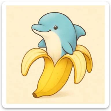 a lighthearted and cute dolphin with a banana peel body, the dolphin's upper half emerging from the top of the banana sticker