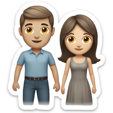 Lovely brunette couple with grey cat. Girl’s skin is light, hair brown. Boy is light skin with collected brown hair sticker