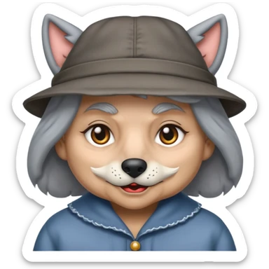 The big bad wolf is wearing Grandma's clothes and a hat, yet its face still looks like a wolf's. sticker