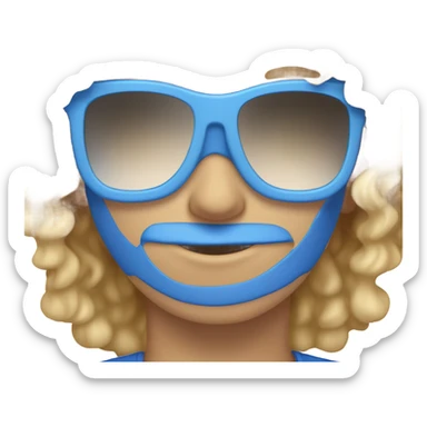 curly blond in a t-shirt. on dbu blue mirrored sunglasses, blue eyes, square face shape sticker