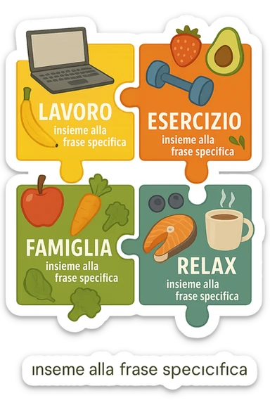Puzzle (Lavoro, Esercizio, Famiglia, Relax), and healthy foods are integrated into each piece. in italiano sticker