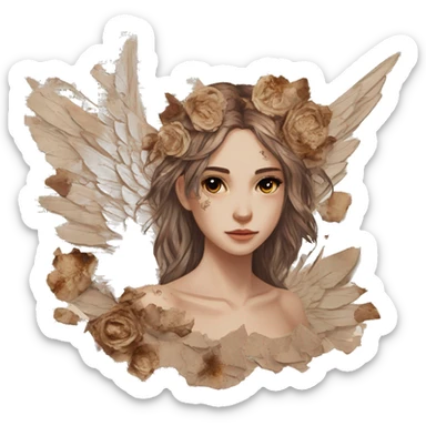 Library book bookworm academia aesthetic beige angel broken angel fallen angel tattoos with broken wing damaged wing torn wing, made of newspaper cuttings and dried flowers brown flowers sticker