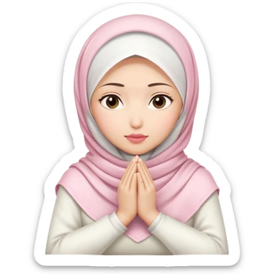A white Asian woman, white hijab women are listening with her hands folded on the table. her lips is pink. sticker