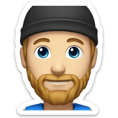 Guy with light brown hair, beard and blue eyes and a black bonnet sticker