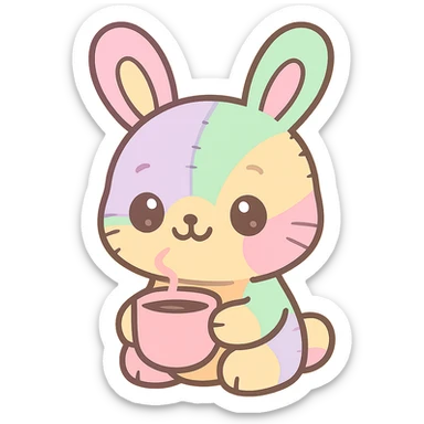 whimsical female bunny with rainbow fur, visible stitches, coffee cup, soft cartoon style sticker