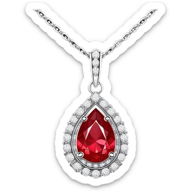 teardrop ruby pendant glowing fiery red, set in a delicate silver chain with a halo of shimmering white stones sticker