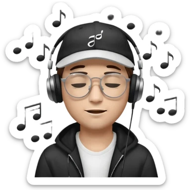 dj man white with baseball cap - rayban glasses - brown hair - closed eyes with headphones on with musical note over head (listening to music ) - eyes closed no glasses - black hat  musical notes floating around head sticker