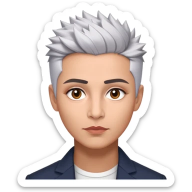 Marian Pabón with elegant facial features, light rosy complexion, expressive made-up eyes, medium well-defined lips, sophisticated pronounced cheekbones, short spiky silver hair styled like a men's cut sticker