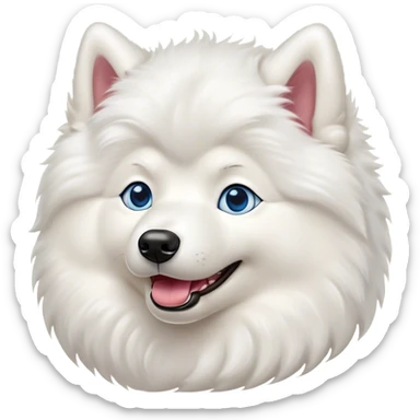 Cinematic Comical Samoyed Portrait Emoji, Head tilted dramatically with an exaggeratedly amused expression, featuring a striking, fluffy white Fur with a radiant sheen, wide, expressive blue eyes filled with playful disbelief, Simplified yet hilariously expressive features, highly detailed, glowing with a slightly sassy glow, high shine, dramatic yet playful, stylized with an air of cheeky mischief, bright and endearing, soft glowing outline, capturing the essence of a spirited and over-the-top companion, so meme-worthy it feels like it could side-eye its way into internet fame instantly! sticker