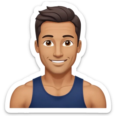 Athletic 40-year-old man with tanned light brown skin. Elongated face with defined jawline. Confident smile. Medium dark eyes, arched eyebrows. Straight nose. Wavy dark hair in a modern cut. Wearing a navy blue tank top showing fit physique. sticker