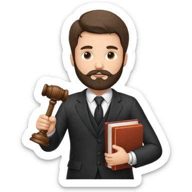 Create a male lawyer. he is wearing a fromal suit jckeret. He is holding a gavel in one hand and a book tucked under his another arm. He has beard. And the hair is kinda darker but not black. and is kinda short at the layers sticker