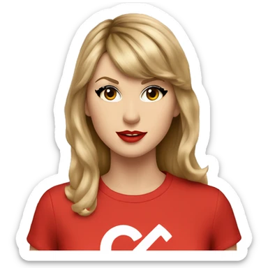 taylor swift wearing a red t-shirt with a "G" on it sticker