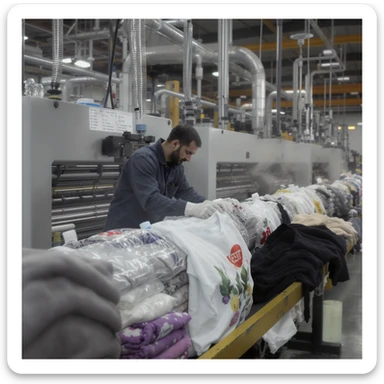 vertical realistic image of factory transforming PET plastic bottles into polyester clothes, showing bottles, machinery, clothes, professional atmosphere, aspect ratio 2:3 sticker