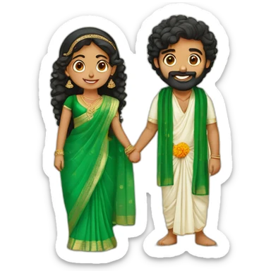south indian girl with curly hair wearing green saree marrying south indian guy with straight hair and beard wearing dhoti sticker