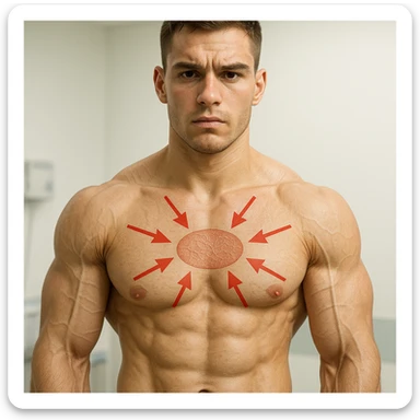 25-year-old bodybuilder with low collagen levels, hyper realistic style, defined muscles, less elastic skin, red arrows pointing away from collagen on the skin, clinical atmosphere, light background sticker