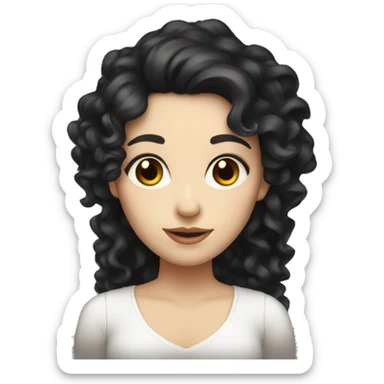 Lady with white skin and long curly black hair and brown eyes and pretty sticker