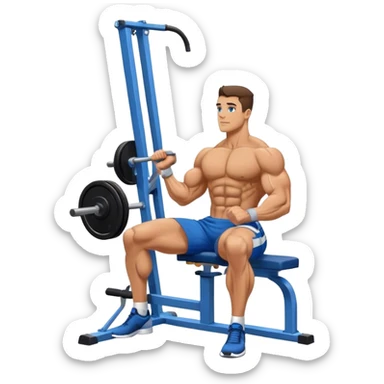side-view bodybuilder in blue shorts seated weighted calf-raise machine on his tip toes sticker