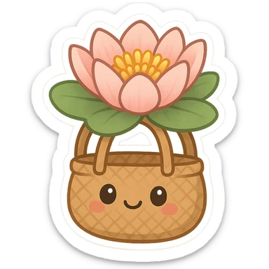 mascota para proyecto productivo, lirio de agua con asas de bolso artesanal, estilo caricaturesco y simpático, colores frescos y naturales sticker