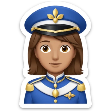 Bonjour, est ce que tu pourrais me créer un emoji, de moi (la personne a droite, brune) avec la tenue de certains membres de la  fanfare (la tenue bleue et blanche ) que tu vois sur la photo. Attention mets bien la fourragère a gauche s'il te plaît sticker