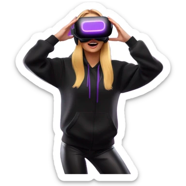 Russian girl wearing black hoody with violet letters "OMG", in vr headset oculus quest2. Dancing. Cyberpunk style. Violet neon. sticker