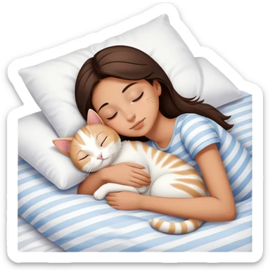side view brunette teenage girl sleeping with white cat that has beige stripes on a white pillow with white sheets sticker