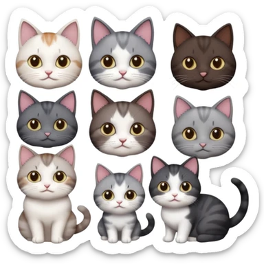 4 different coloured short haired cats including; a dark brown and white cat, and a dark grey and white  sticker