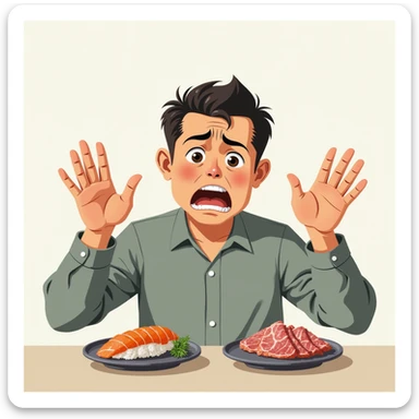 adult man refusing sushi, salami and cold cuts, determined or disgusted expression, hands raised in refusal gesture, plates of sushi and cold cuts in front of him, realistic or illustrative style, neutral background sticker