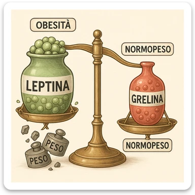 Diagramma endocrinologico in italiano: bilancia con leptina (verde) e grelina (rossa). Lato obeso: etichetta 'Obesità', leptina traboccante, bilancia bloccata, pesi rotti con la scritta 'Peso'. Lato normopeso: etichetta 'Normopeso', bilancia bilanciata, grelina normale. Tutte le scritte interne sono in italiano. Illustrazione medica, dettagliata, 4K. Style: endocrinologico, medical illustration, detailed. sticker