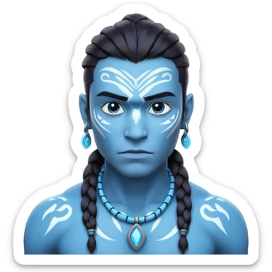 avatar-style Na’vi male portrait, head and shoulders only, blue skin, bioluminescent markings, strong face features, braided hair, tribal necklace, heroic expression, 3D cartoon, mobile game icon style, clean background, no text, no watermark
 sticker