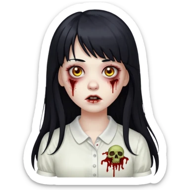 Um emoji de uma menina zombie de blusa branca num fundo preto de cabelo longo e preto e franjinha sticker