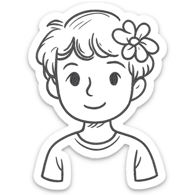 a boy with fluffy, wavy short hair and brown eyes, wearing a light grey t-shirt and a light pink flower on his head, hand drawn style sticker