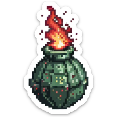 Red digital bomb with flame-shaped fuse on top, round bomb body with red highlights and details, pixel art style sticker