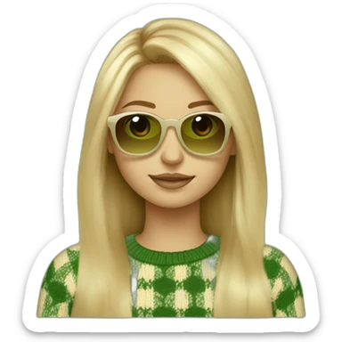 a blonde girl with highlights, long hair, middle part and a square head shape wearing yellow brownish sunglasses and a knitted checkered green an beige jumper sticker