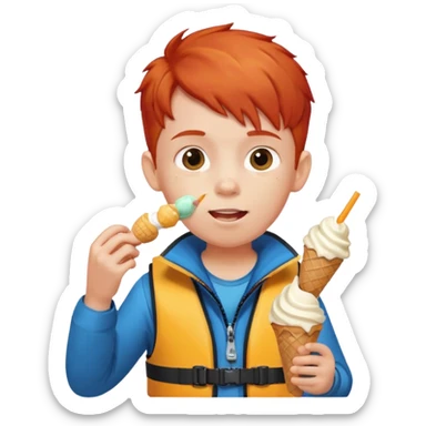 boy kid red haired wearing lifejacket, eating ice cream sticker