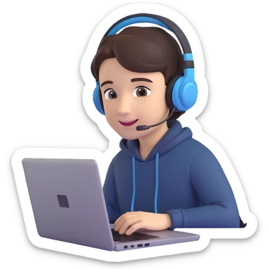 3D emoji style image of a student participating in an online exam, wearing a headset, looking at a laptop, slight smile sticker
