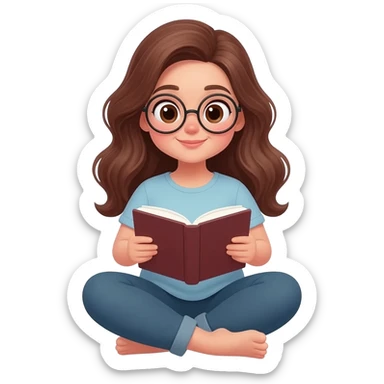 detailed emoji illustration of a curvy woman with long chestnut brown wavy hair, big light brown eyes and round glasses, sitting cross-legged and reading a book, cute emoji style sticker