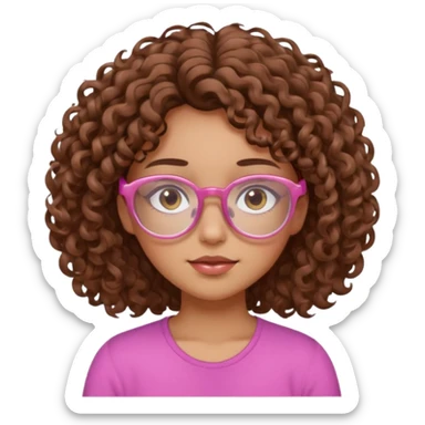Curly brown haired girl with brown eyes, transparent-pink glasses frames, sleepy, slightly tan skin sticker