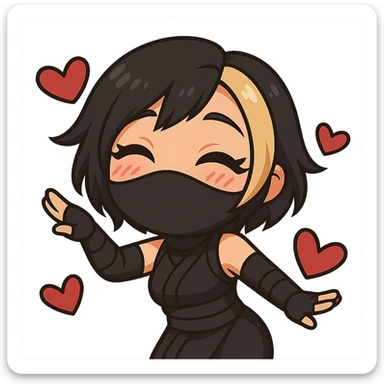 Create a chibi anime style ninja girl dancing to the left. Keep the same face, hair, mask, outfit, and hearts as the reference image. Change the pose so her body and arms are leaning to the left in a cute dance move, slightly different from frame 1. Transparent background, sized for Twitch emoji use. This is animation frame 3. sticker