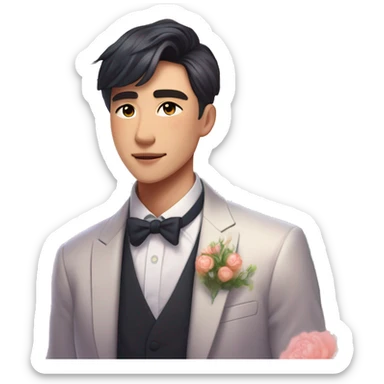 Gorgeous romantic anime style Asian formal modern gentlemanly guy with flowers and blushing face aesthetic trending style outside with colorful gradient bright light colors sticker