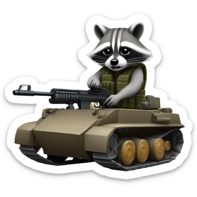 a raccoon firing from a rifle while sitting on a tank sticker