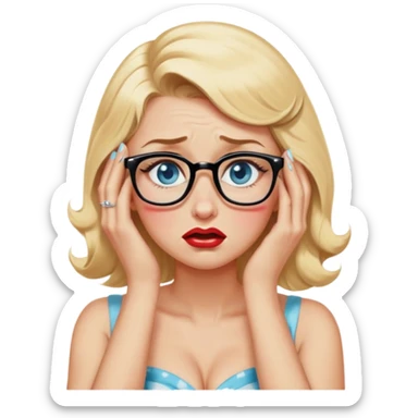 Blonde hair, blue eyed, wearing glasses 50's style pinup crying with hea in her hands sticker