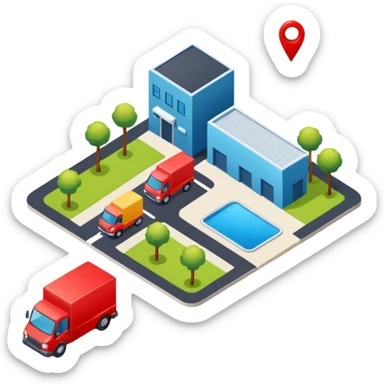 top-down view of a map with a pushpin, a truck, and an industrial company, all elements clearly visible, friendly colors, neutral background, bird's eye perspective sticker